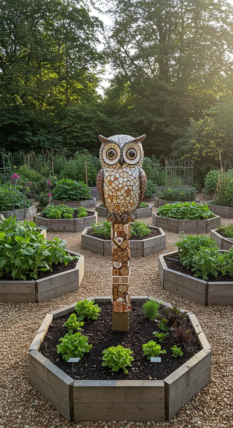 Eine Mosaik-Eule auf einem verzierten Pfahl inmitten von sechseckigen Hochbeeten.
