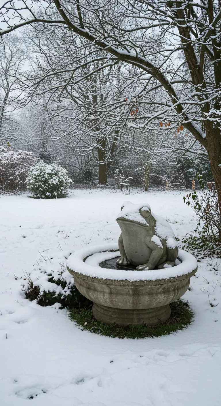 Ein großer Froschbrunnen aus Beton, der im Winter leicht mit Schnee bedeckt ist.