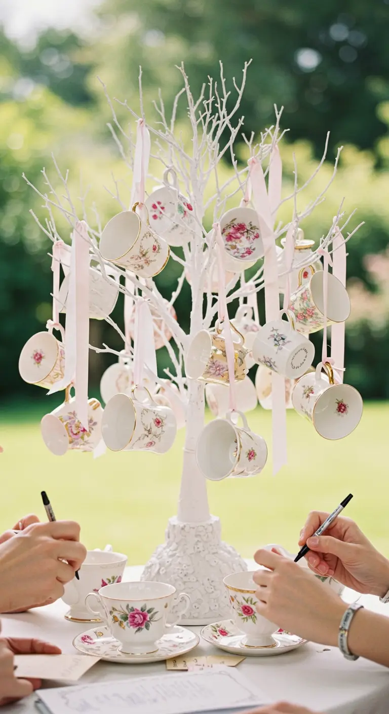 Weißer Wunschbaum, geschmückt mit hängenden Teetassen an rosa Bändern.