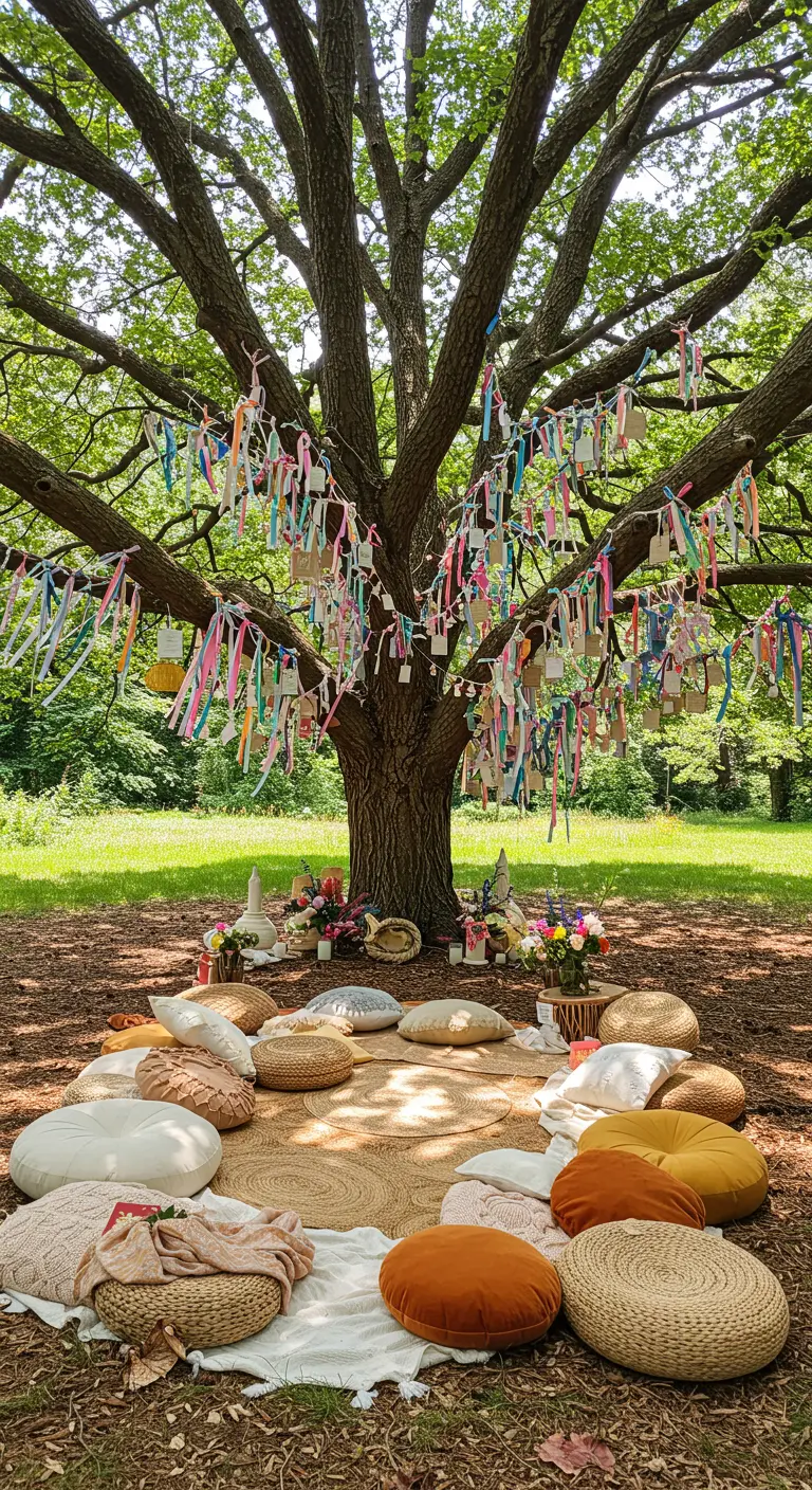 Großer Baum geschmückt mit bunten Bändern, darunter Kissen und Decken