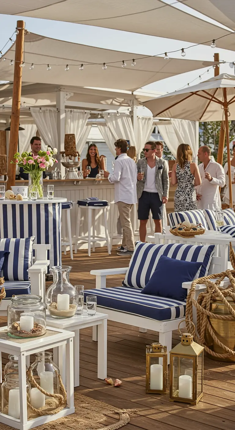 Elegante Lounge-Ecke am Pool mit marineblau-weiß gestreiften Polstern und Laternen.