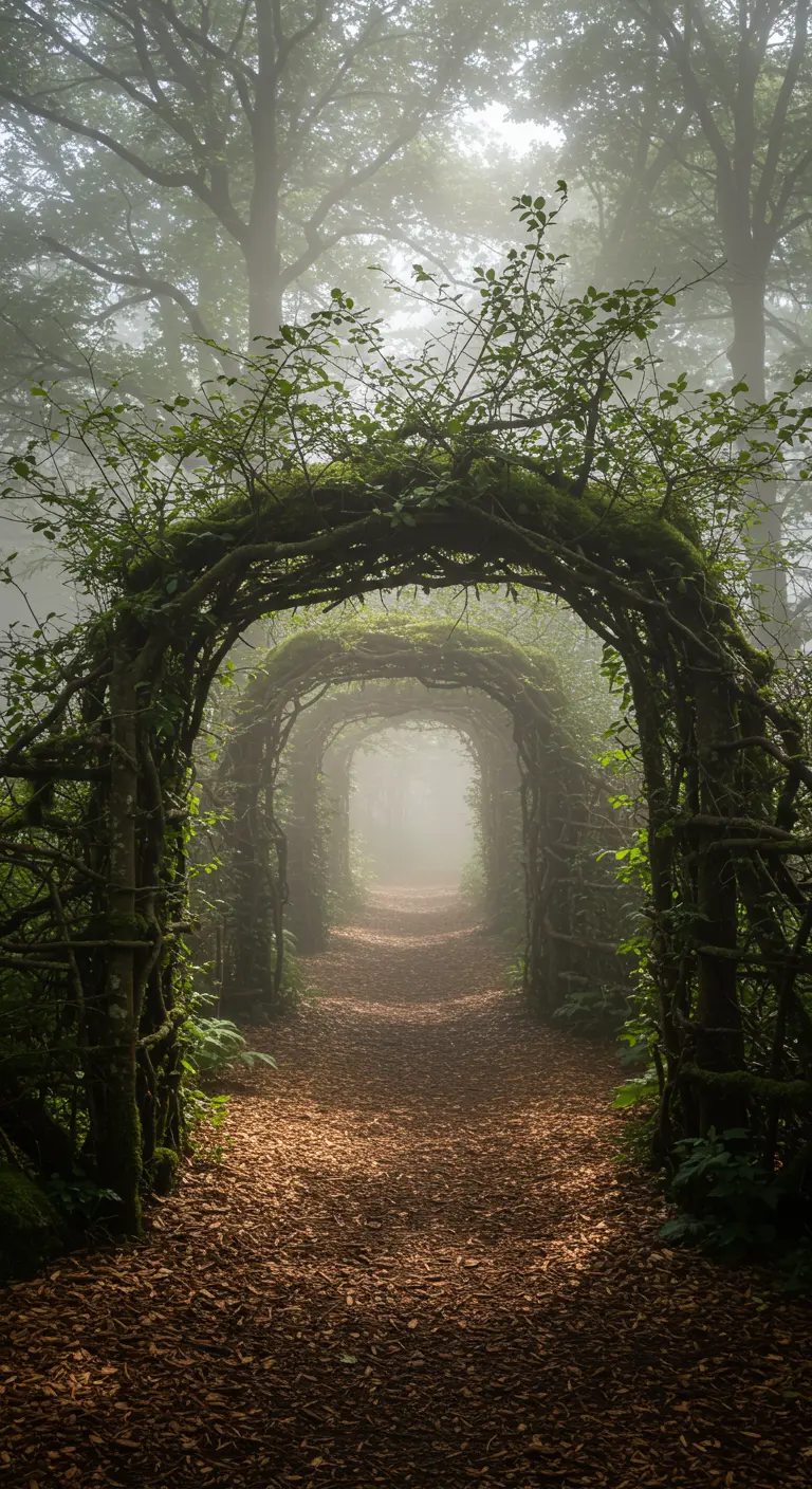Alter, moosbewachsener Weidentunnel in einem nebligen Wald.