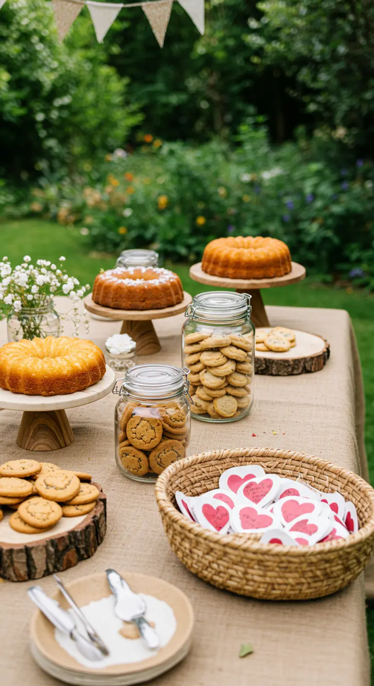 Ein Desserttisch mit Jutedecke, auf dem Kuchen auf Holzständern und Kekse in Gläsern stehen.
