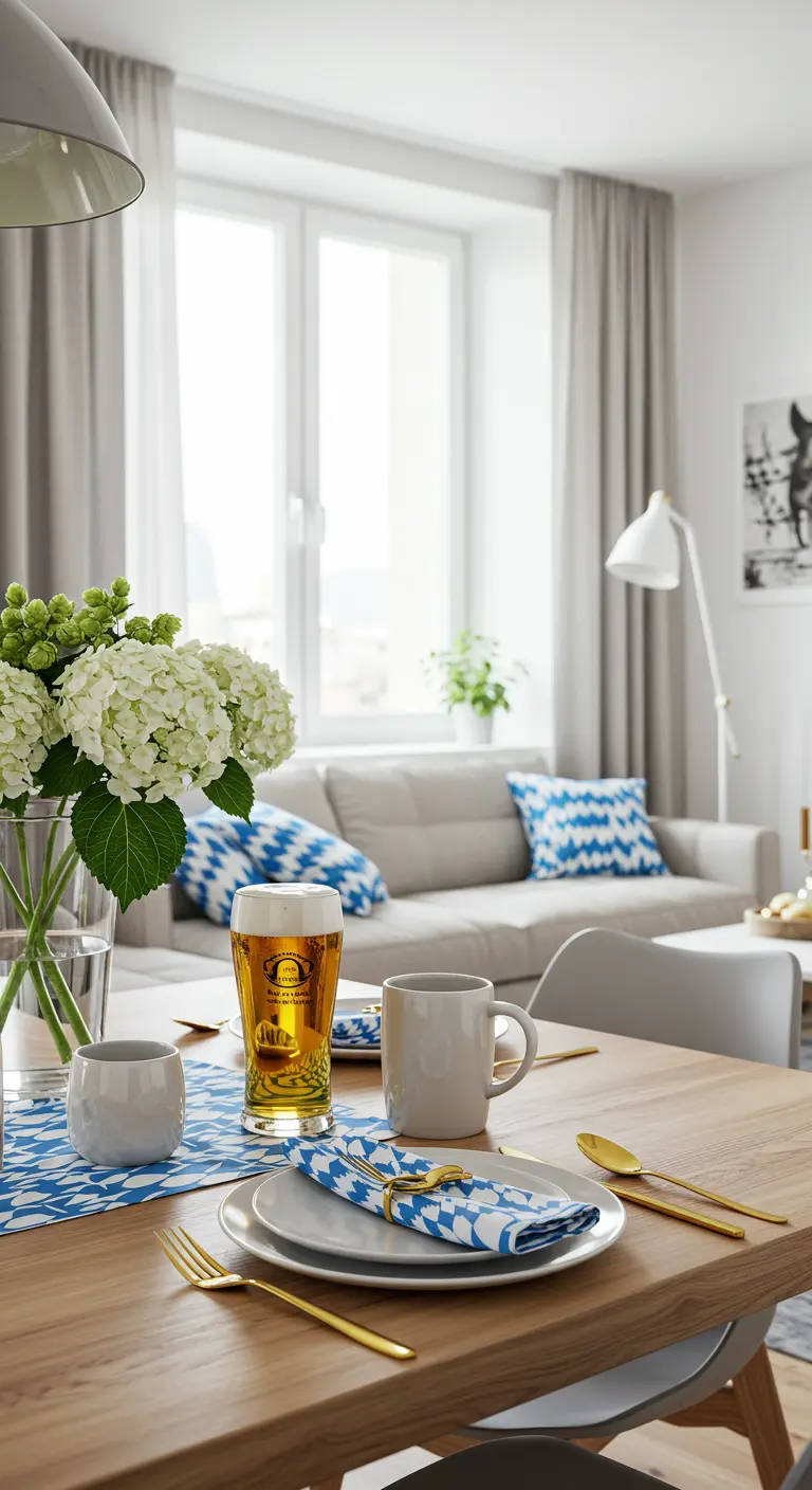 Modern gedeckter Esstisch mit blau-weißen Rautenmustern und goldenem Besteck.
