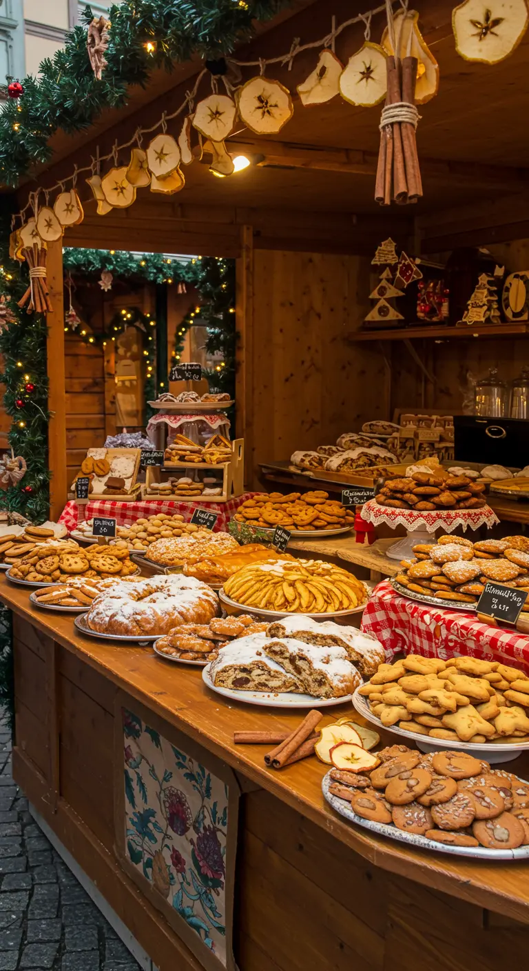 Eine Holztheke, überladen mit einer Vielfalt an weihnachtlichem Gebäck wie Stollen und Keksen.