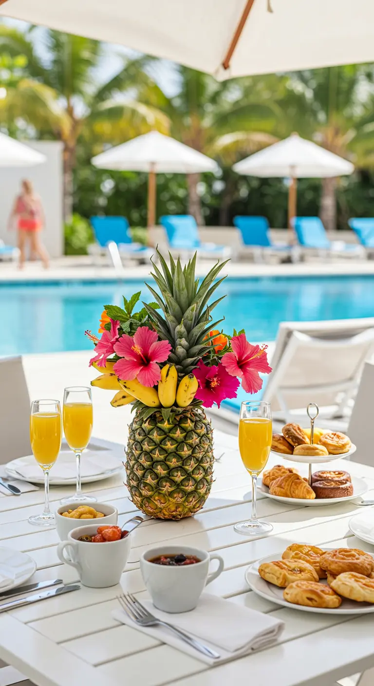 Ausgehöhlte Ananas als Blumenvase mit Hibiskus und Bananen auf einem weißen Tisch am Pool