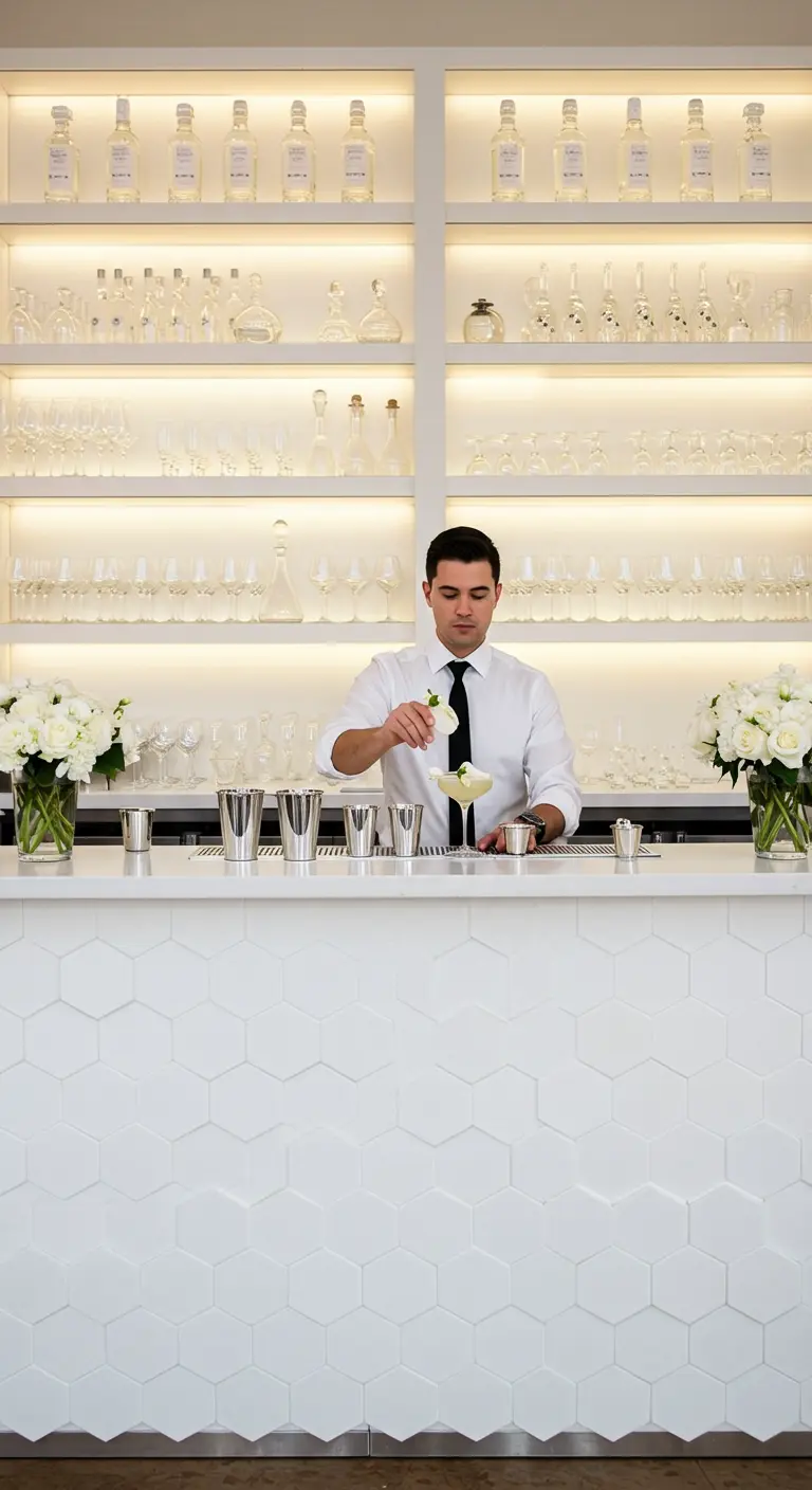 Moderne weiße Bar mit einer Front aus geometrischen 3D-Wabenfliesen.
