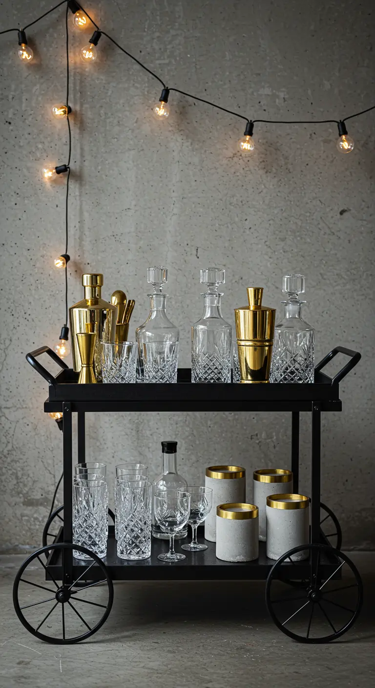Schwarzer Barwagen mit goldenen Cocktail-Shakern und DIY-Behältern aus Beton und Messing.
