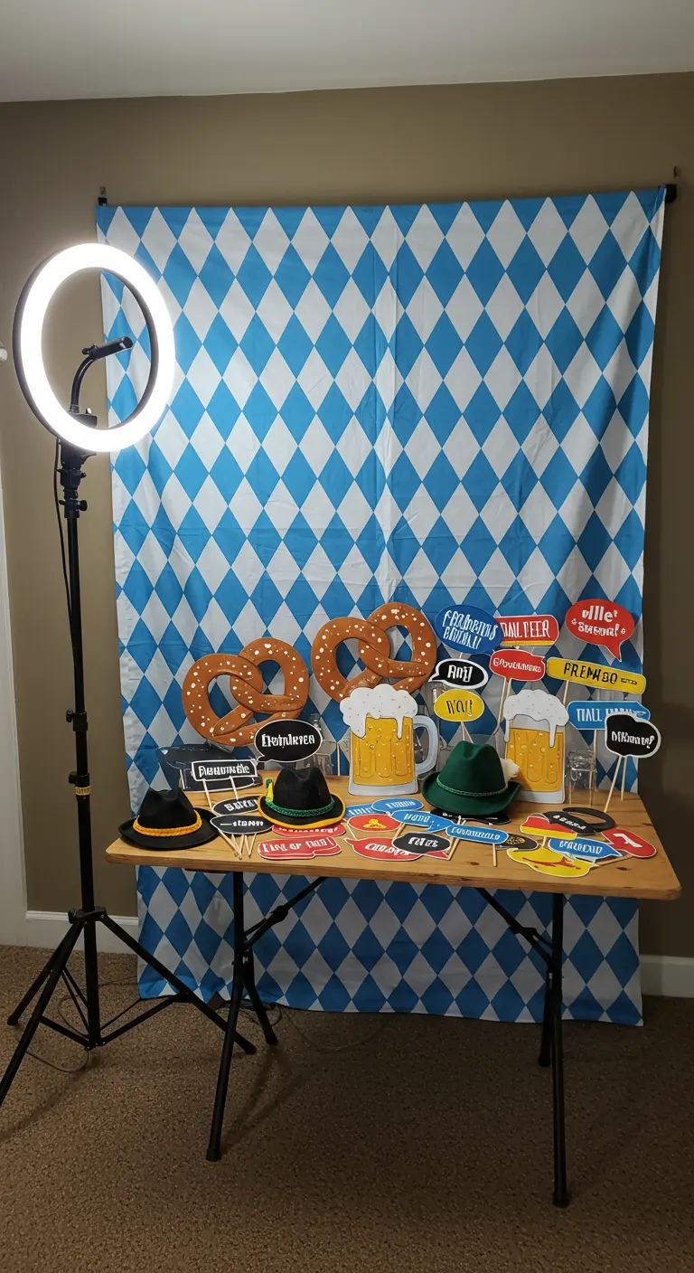 DIY-Fotobooth-Ecke mit Rauten-Hintergrund, Requisiten wie Hüten und einem Ringlicht.