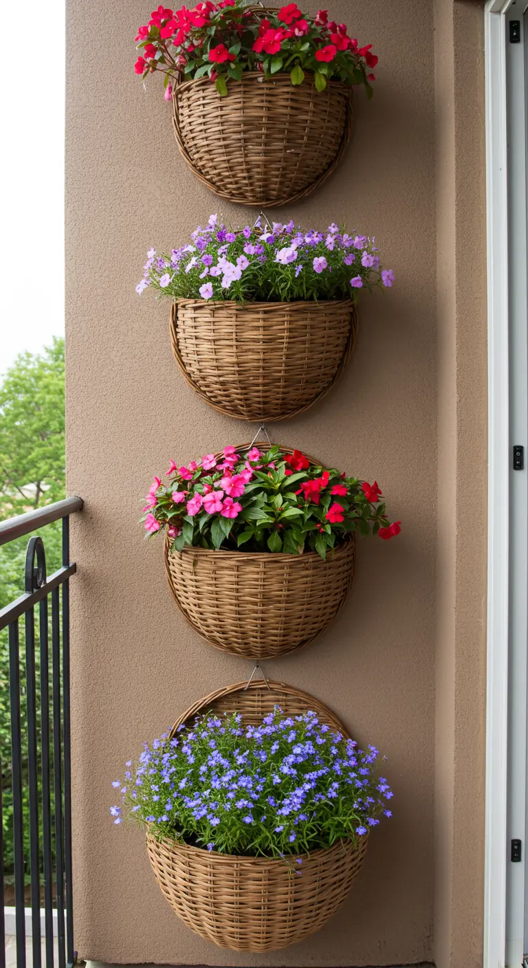 Vier halbrunde Weidenkörbe mit bunten Blumen hängen übereinander an einer beigen Hauswand.