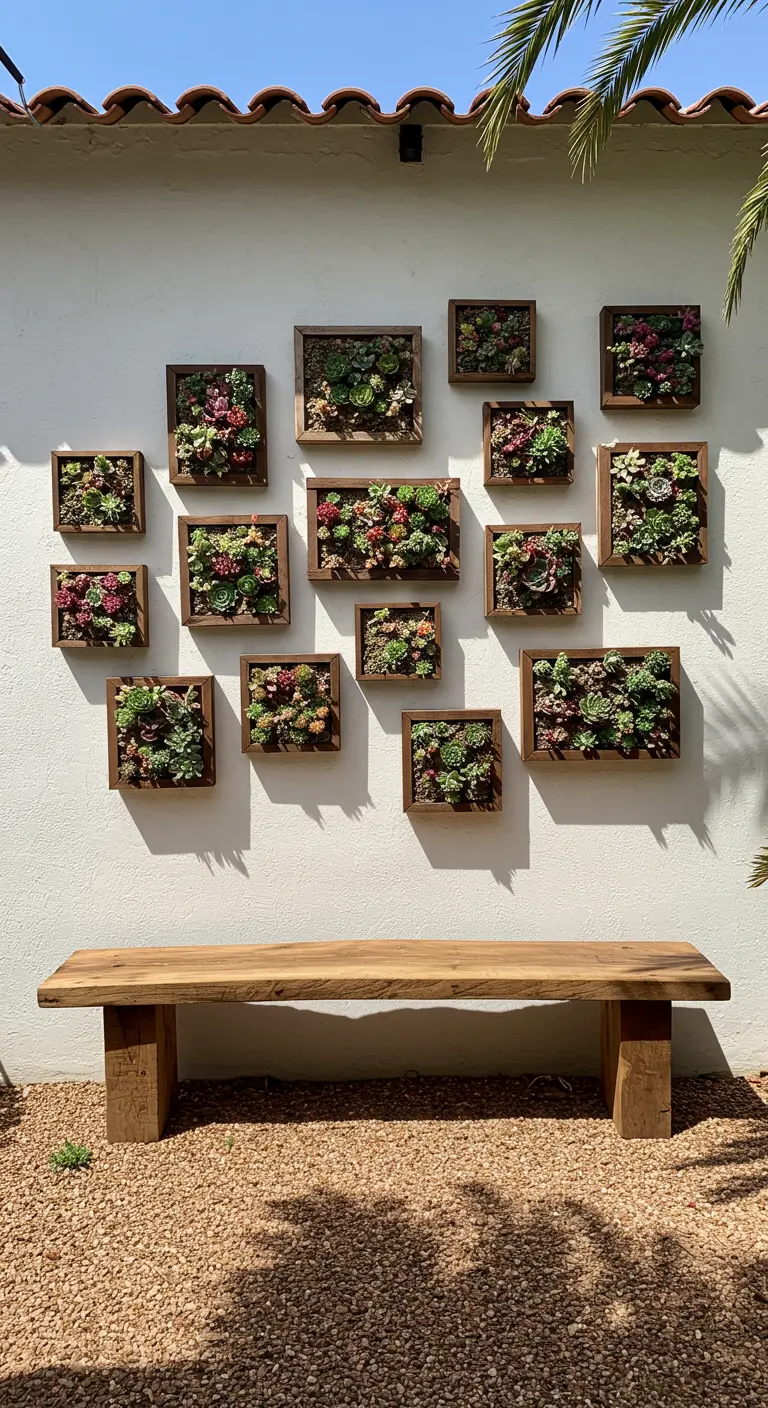 Eine Sammlung von 13 Holzrahmen mit Sukkulenten an einer weißen Wand.