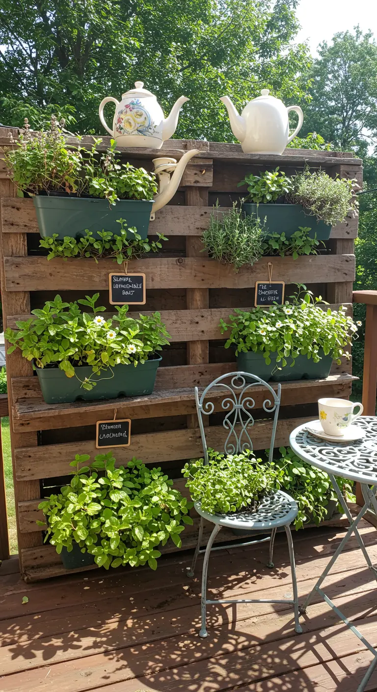 Unbehandelte Holzpalette auf einer Terrasse, bepflanzt mit verschiedenen Minzsorten und Teekannen als Deko.
