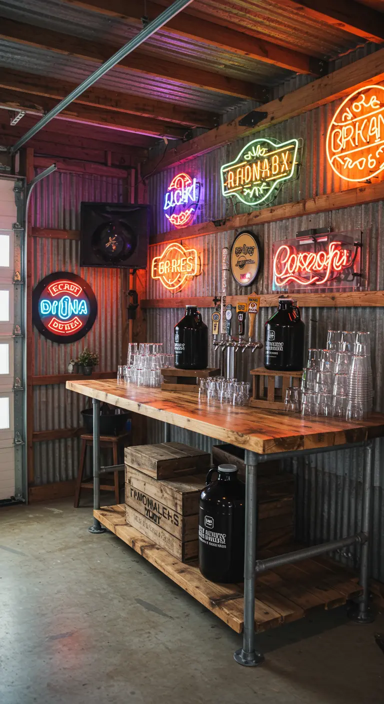 Feste Bar aus Holz und Rohren in einer Garage, dekoriert mit vielen bunten Neonschildern