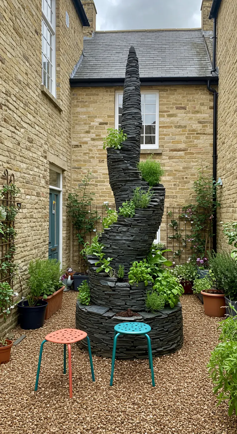 Sehr hohe, kunstvolle Kräuterspirale aus dunklem Schiefer in einem gekiesten Innenhof.