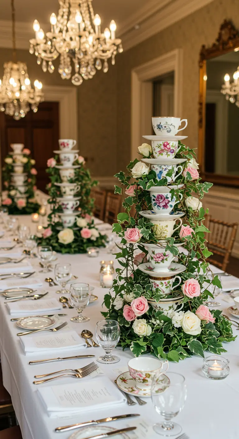Hohes, gestapeltes Teetassen-Mittelstück, umwunden von Efeu und rosa Rosen.