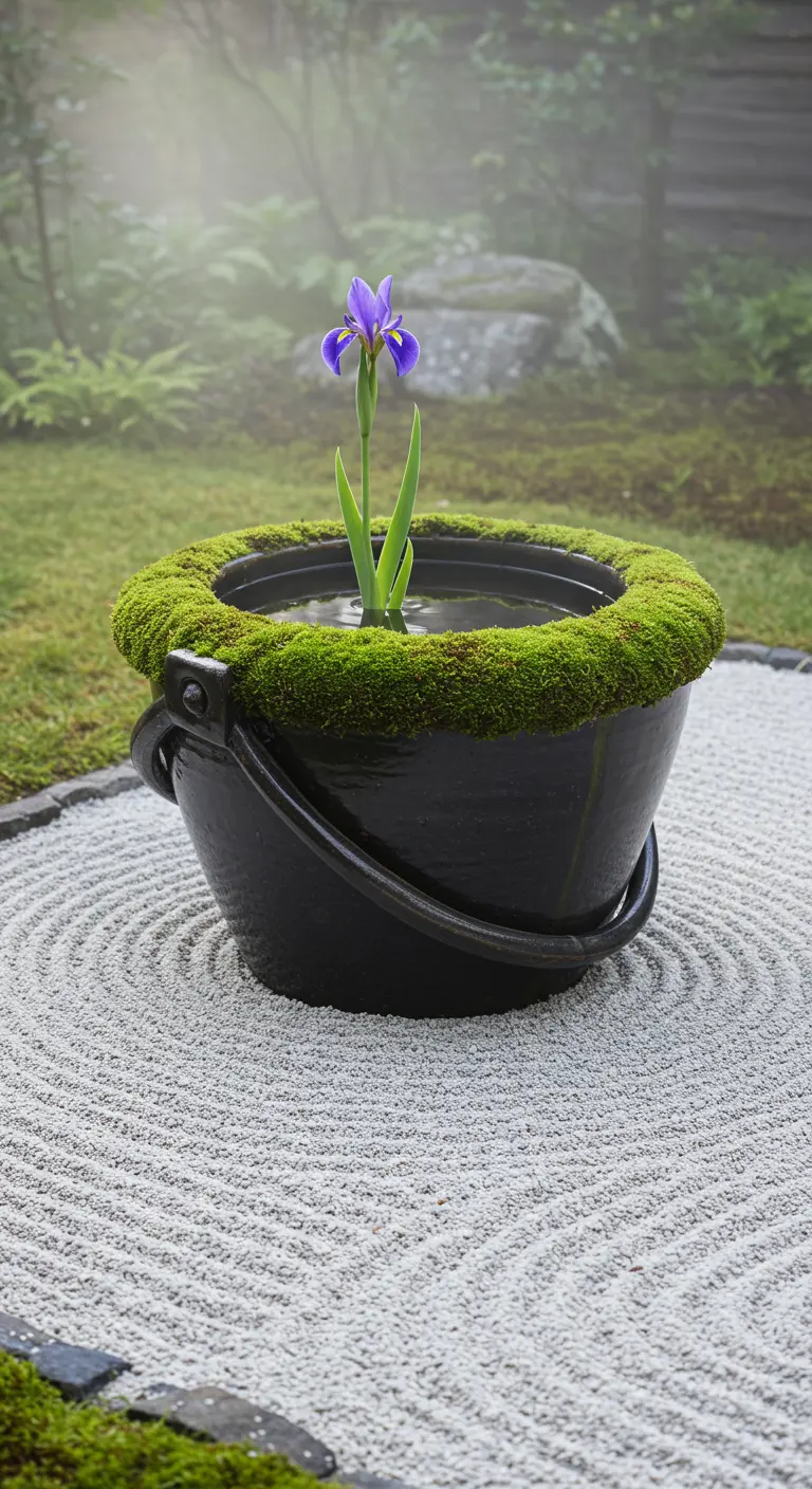 Ein schwarzer Eimer mit einer einzelnen blauen Iris, platziert in einem Zen-Garten.