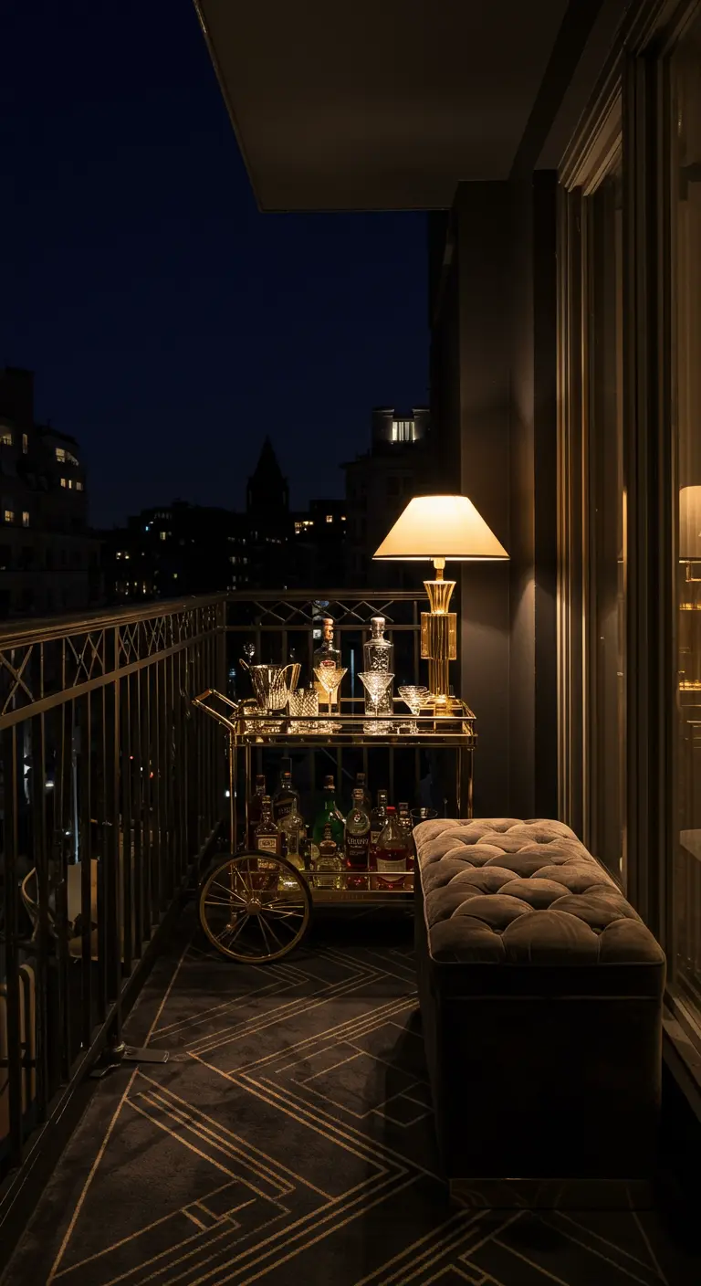 Eleganter Balkon bei Nacht mit einem goldenen Barwagen und einer Samtbank.