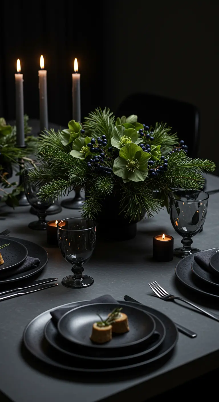 Dunkle Tischdeko mit einem Gesteck aus Tannengrün und Christrosen.