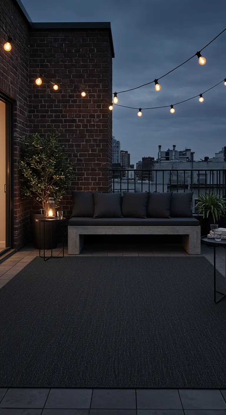 Dunkelgrauer Teppich auf einer Dachterrasse bei Nacht, beleuchtet von einer Lichterkette.