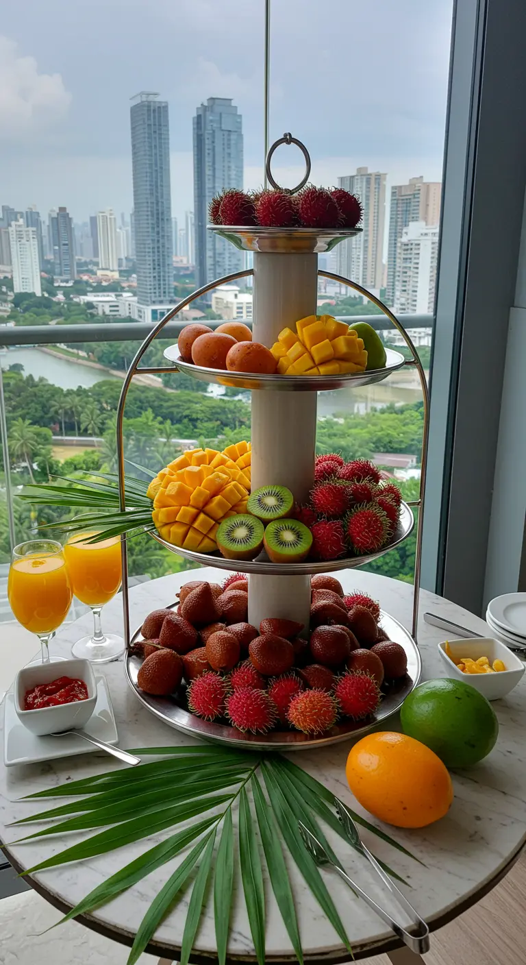 Dreistöckige Etagere, reich beladen mit exotischen Früchten wie Rambutan, Kiwi und Mango