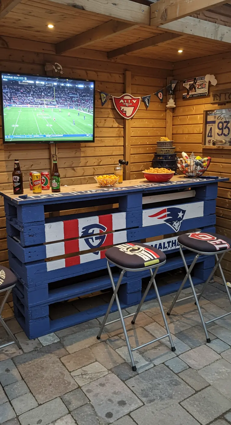 Palettenbar in den Farben eines Sportvereins mit Fernseher im Hintergrund.