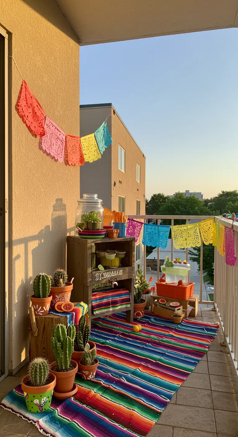 Bunter Balkon im mexikanischen Stil mit Papel-Picado-Girlande und Kakteen.