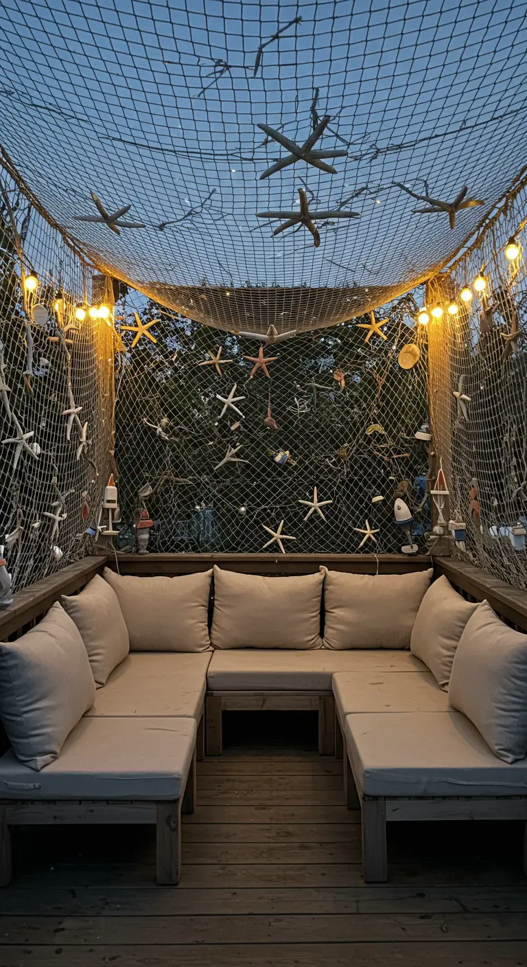 Gemütliche Lounge-Ecke unter einem mit Seesternen und Lichtern dekorierten Fischernetz.