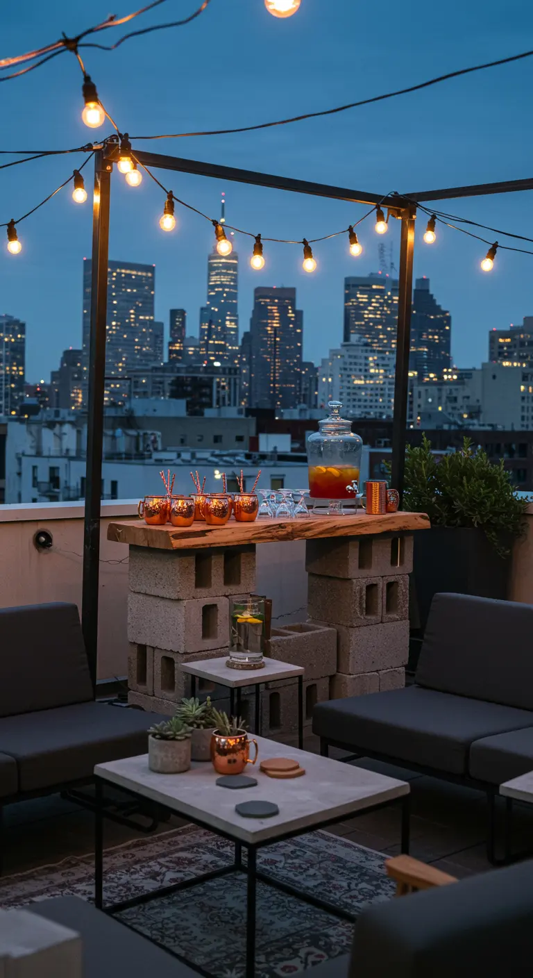 DIY-Bar aus Betonblöcken mit Holztresen und Kupferbechern auf einer Dachterrasse bei Dämmerung