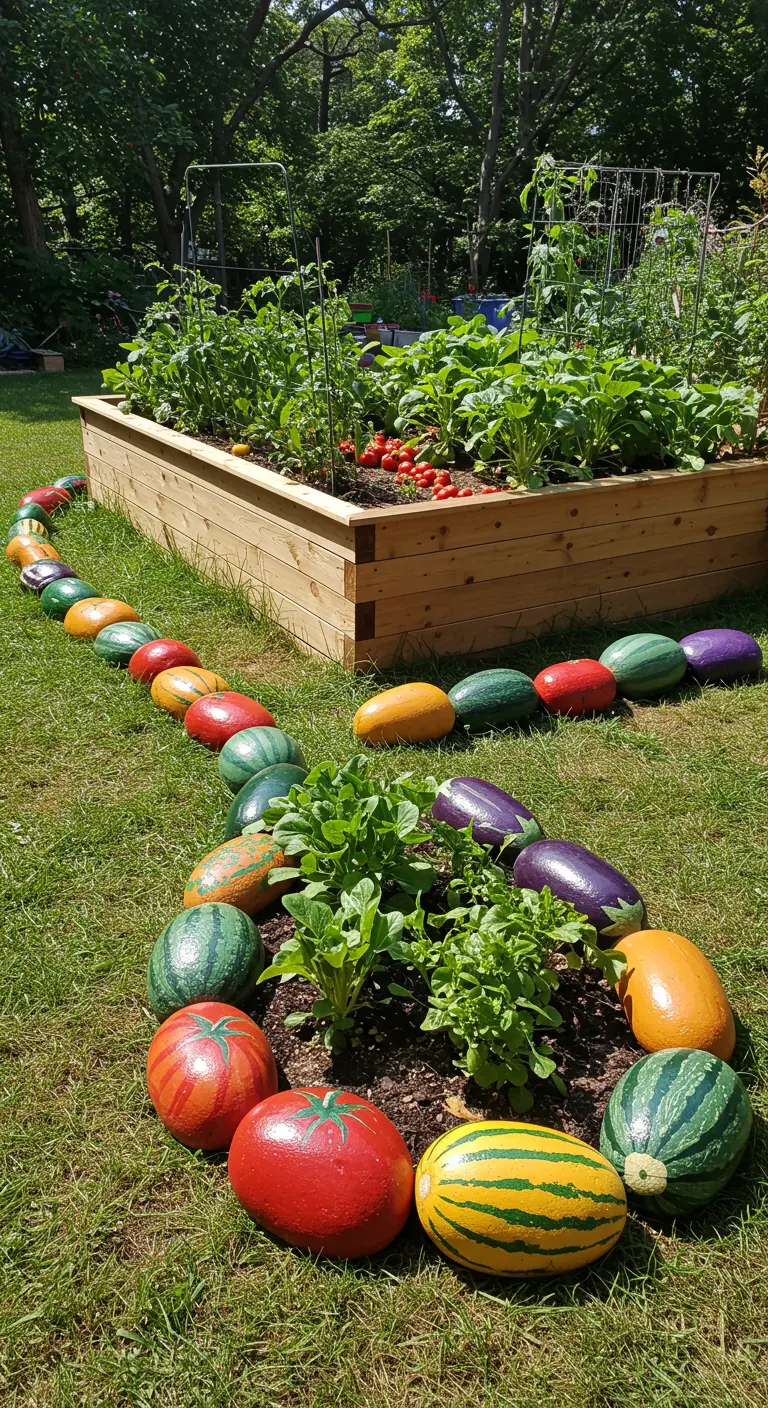 Wie Gemüse bemalte Steine umranden ein Hochbeet und ein kleines Salatbeet.