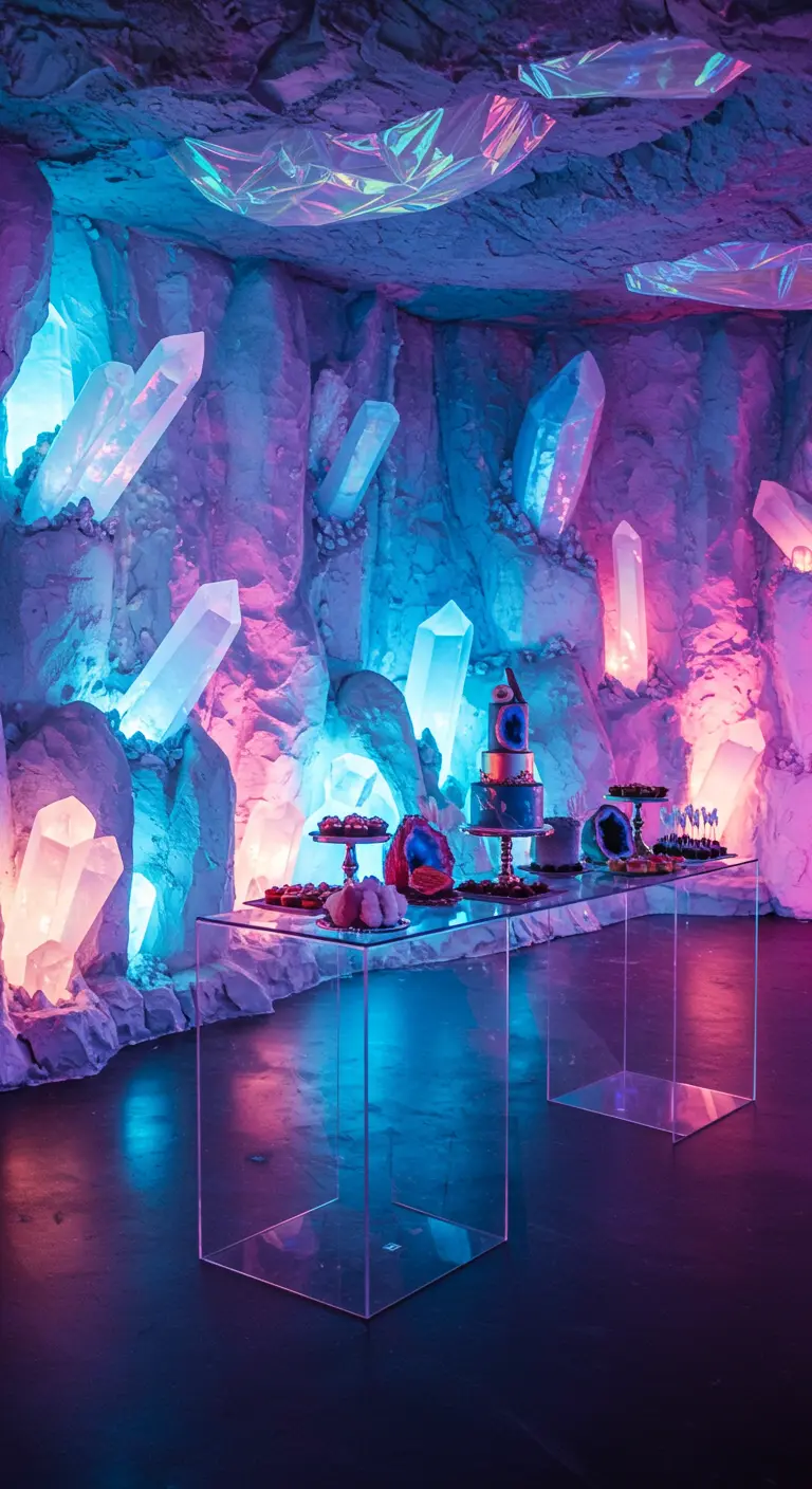 Partyraum als Kristallhöhle mit leuchtenden Kristallen und Glastischen