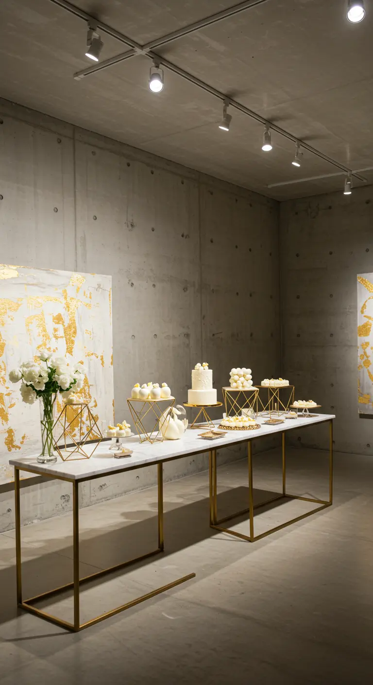 Minimalistischer Desserttisch mit weißer Marmorplatte und goldenen geometrischen Ständern