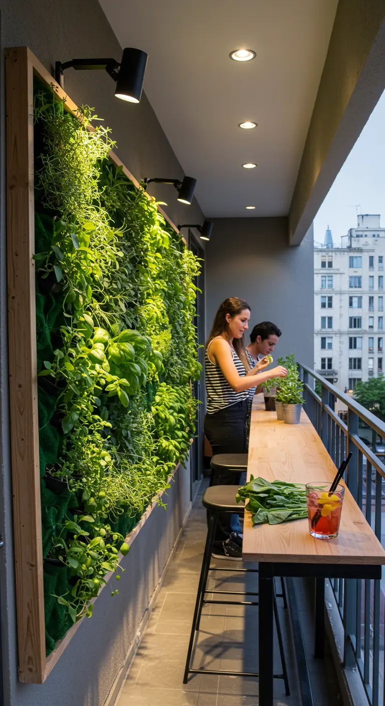 Schmaler Balkon mit einer beleuchteten, vertikalen Pflanzenwand und einer Bartheke.