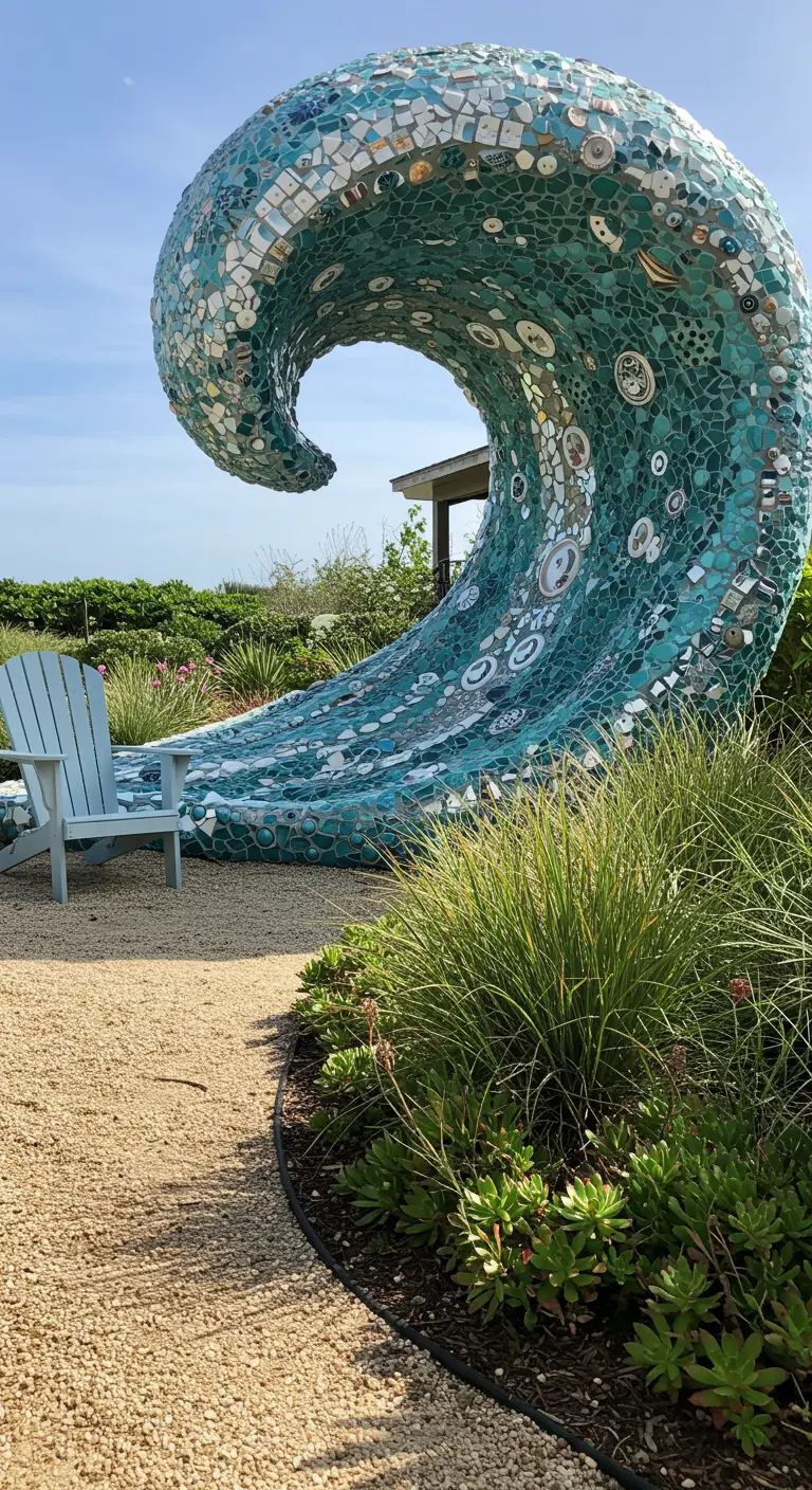 Eine riesige, geschwungene Wellenskulptur aus Mosaik in Blau- und Grüntönen am Strand.