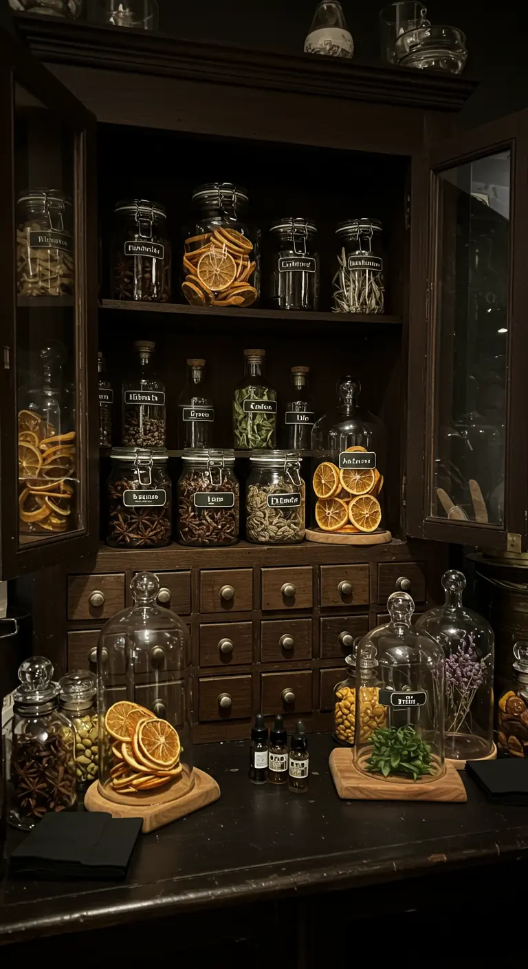 Apothekerschrank aus dunklem Holz, gefüllt mit beschrifteten Gläsern voller Cocktail-Botanicals.