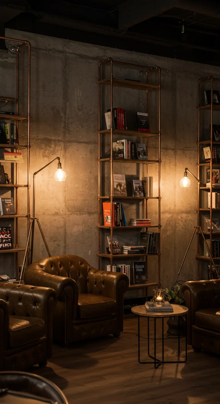 Loungebereich mit Ledersesseln, Kupferrohr-Regalen und Stehlampen vor einer Betonwand