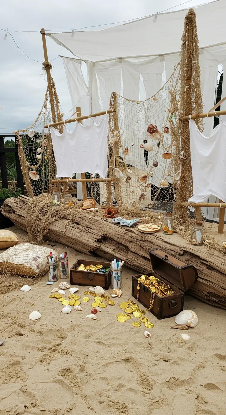 Strand-Szene mit einem Schiffswrack aus Holz, Fischernetzen und Schatztruhen.