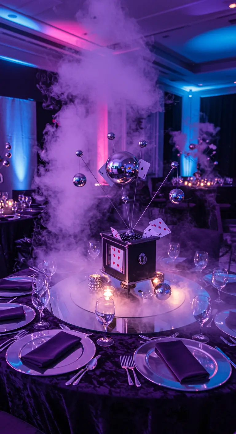 Runder Tisch in violettem Licht und Nebel mit einem magischen Centerpiece aus Spielkarten.