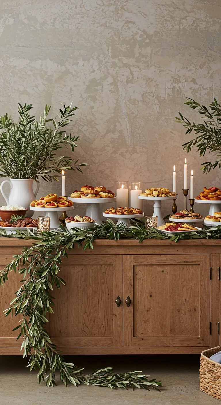 Lange Olivenzweig-Girlande fällt über ein Holzbuffet mit Appetizern und Kerzen
