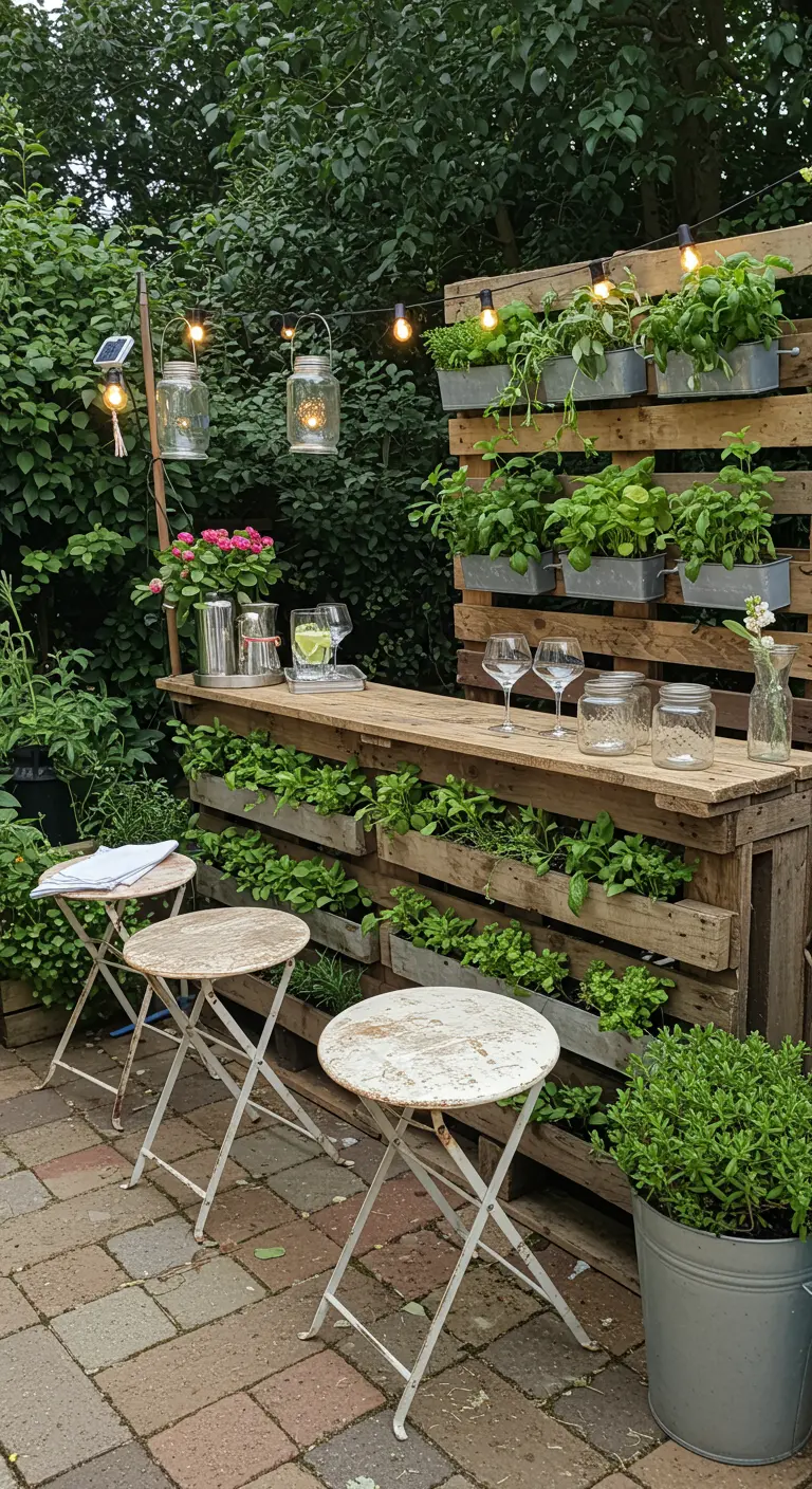 Palettenbar, die gleichzeitig als vertikaler Kräutergarten genutzt wird.