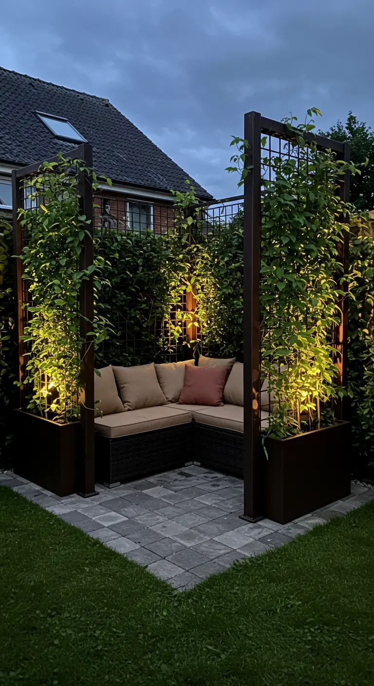 Gartenecke mit vier Metallpfosten und Rankgittern, die eine begrünte Lounge-Ecke umrahmen.