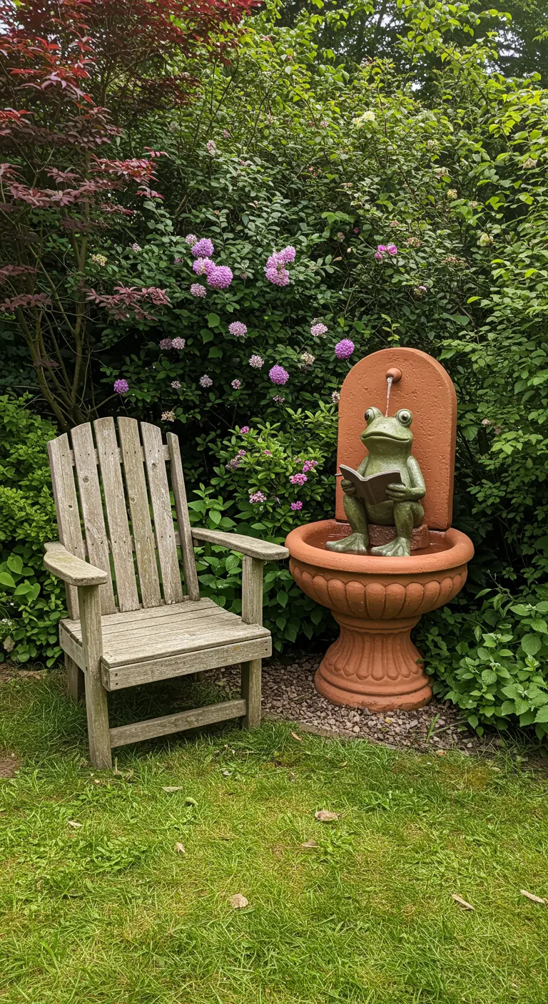 Ein lesender Frosch als Brunnenfigur neben einem Holz-Gartenstuhl in einem üppig grünen Garten.