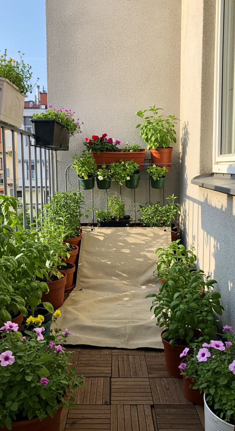 Eine aufgerollte Segeltuchmatte auf einem Holzbalkon, umgeben von vielen Kräutertöpfen.