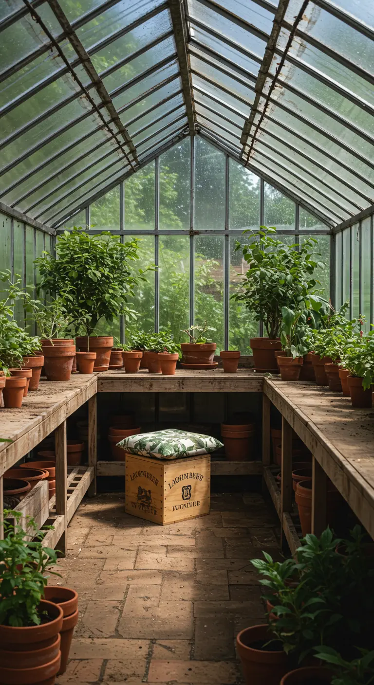Eine Weinkiste mit blattgemustertem Kissen steht in einem vollgestellten Gewächshaus.