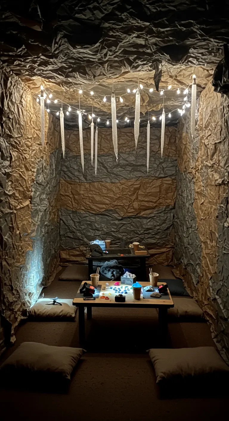 Selbstgebaute Höhle aus zerknittertem Papier, beleuchtet von einer Lichterkette.