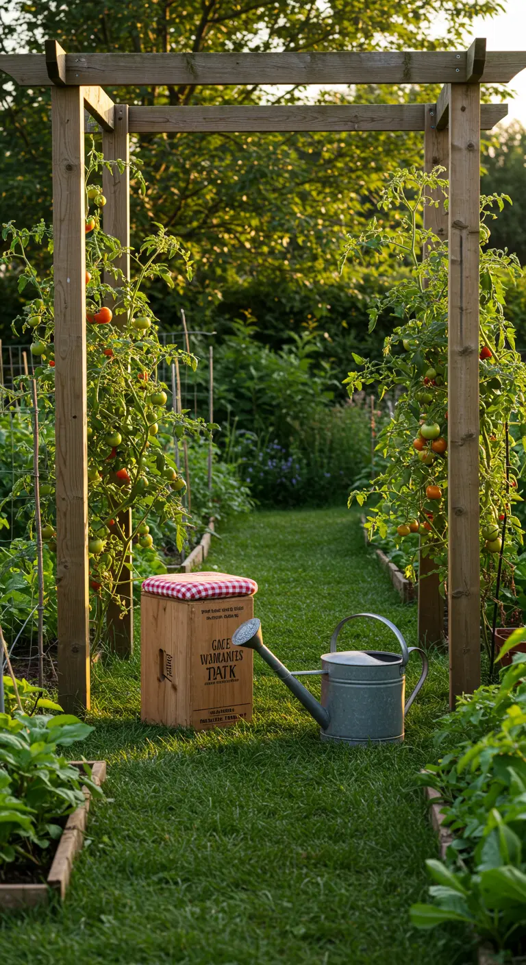 Eine Weinkiste mit rot-weiß kariertem Kissen in einem Gemüsegarten neben einer Gießkanne.