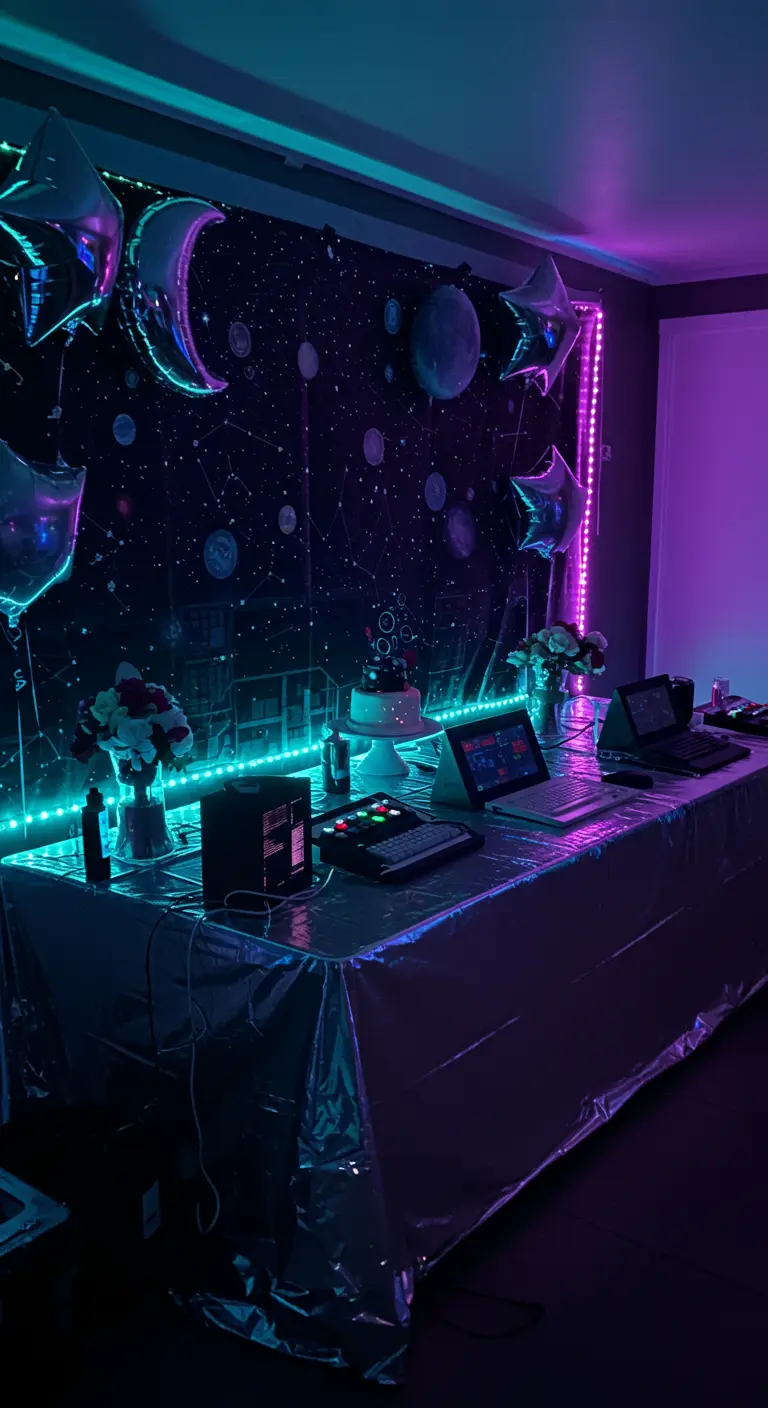 Futuristischer DJ-Tisch mit LED-Lichtern, Sternen-Ballons und Weltraum-Kulisse.