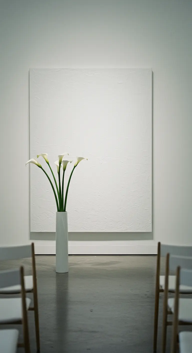 Eine einzelne hohe weiße Vase mit Calla-Lilien vor einer weißen strukturierten Wand.