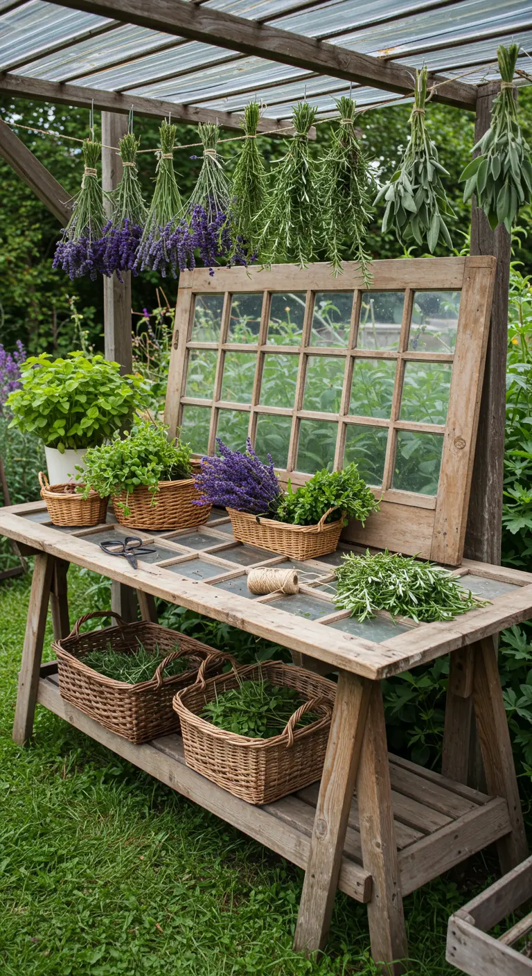 Pflanztisch aus einer alten Tür, an der Bündel von Lavendel und Kräutern trocknen.