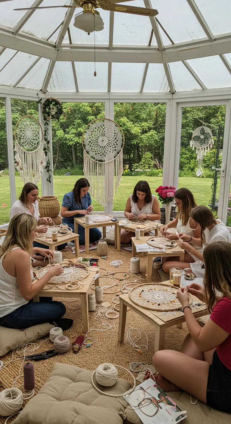 Eine Gruppe von Frauen sitzt in einem Wintergarten und knüpft gemeinsam Makramee-Traumfänger.