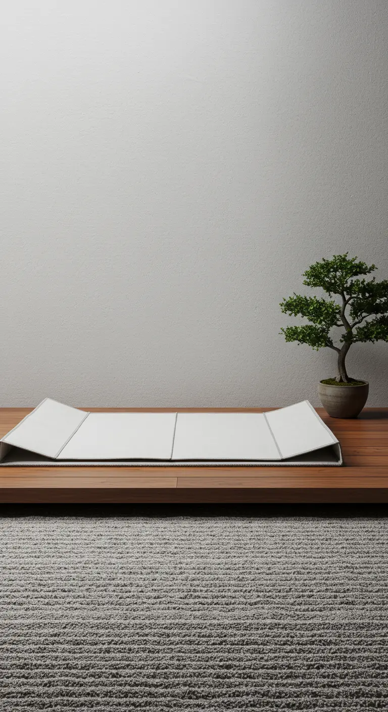 Eine minimalistische, weiße Segeltuchmatte auf einem Holzboden neben einem Bonsai-Baum.